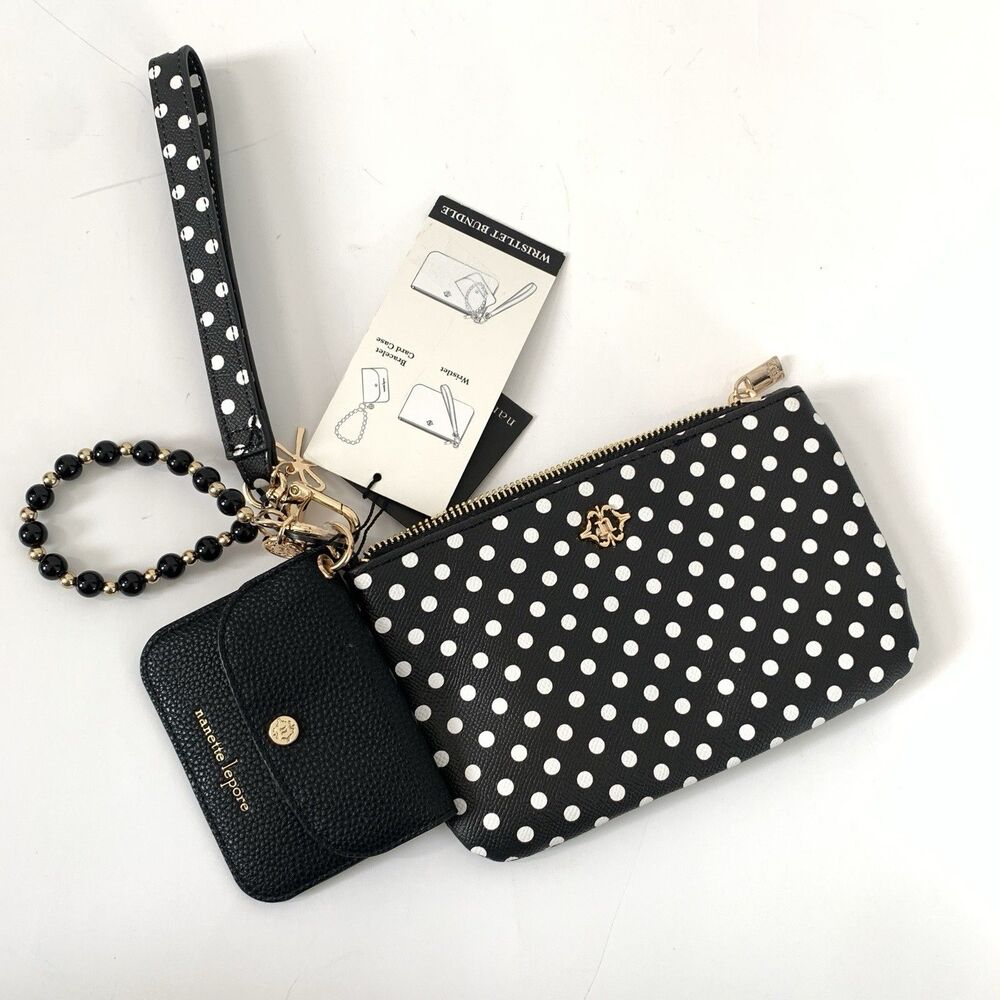 Nanette Lepore Wristlet Wallet Set Bracelet Card Case Polka Dot Black NEW